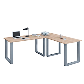 Hoekbureau, hoek 90°, beugelvoet, B 1600 x D 500/1600 x H 760 mm, Sonoma eiken/zilver