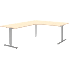 Hoekbureautafel BARI 90°, T-poot, Tafel in vrije vorm, hoek links, B 1800 x D 1000/800 x H 680-820 mm, esdoorn/aluminium