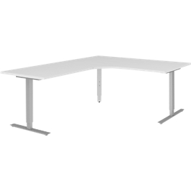 Hoekbureautafel BARI 90°, T-poot, Tafel in vrije vorm, hoek links, B 1800 x D 1000/800 x H 680-820 mm, wit/aluminium