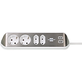 Hoekstopcontactstrip brennenstuhl® estilo, 4-voudig + USB-laadfunctie, IP20, met kabel & kleefkussens, L 70 x B 100 x H 300 mm, wit-zilver