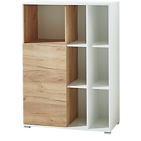 Home Office armoire combinée LIONI, en bois, 1 porte, 2 compartiments fermés et 7 ouverts, L 850 x P 400 x H 1200 mm, blanc/chêne navarra