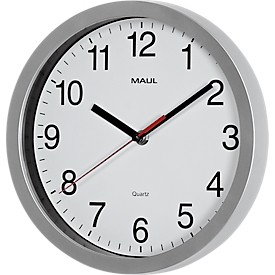 Horloge murale à quartz Maul MAULrun, ronde, pour l'intérieur, chiffres arabes, minutes &amp; unités d'heure, ∅ 252 mm, plastique &amp; verre minéral, argenté-blanc-noir, pile incluse