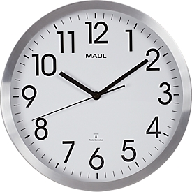 Horloge murale radio Maul MAULmove, ronde, pour l'intérieur, chiffres arabes, minutes &amp; unités d'heure, ∅ 305 mm, aluminium &amp; verre minéral, couleur alu-blanc-noir, pile incluse