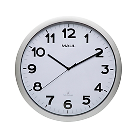 Horloge murale radiocommandée Maul MAULstep RC 35, pour l'intérieur, chiffres arabes noirs, changement d'heure automatique, ronde, Ø 400 mm, plastique et verre, argent, avec pile