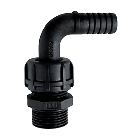 Hose connector for CEMO CUBE tanks for AdBlue®, bent 90°, 1" AG, plastic, black