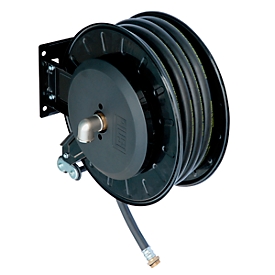 Hose reel CEMO, sheet steel, lacquered, for diesel fuel, open, with swivel arm, 1" IG/AG, hose length 8 m, ø 25 mm