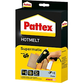 Hot lijmpistool Pattex® Hotmelt Supermatic, mechanische toevoer, elektronische temperatuurregeling, staande handgreep, 2 hotmeltlijmsticks, zwart-geel