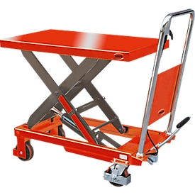 Hubtisch SHW Premium, mobil, manueller Betrieb, Hubbereich 225-740 mm, bis 150 kg, Stahlblech/Stahl, rot-silber