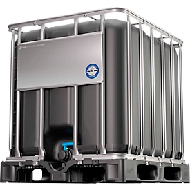IBC container, 1000 liter, UN keur, UV bescherming, DN 50 uitlaatklep, op kunststof pallet, B 1200 x D 1000 x H 1136 mm, zwart