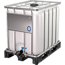 IBC Container, 600 Liter, HDPE, stapelbar, Auslaufventil, auf Kunststoffpalette, B 1200 x T 800 x H 1013 mm