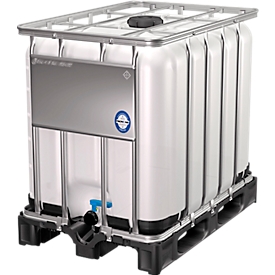 IBC Container, 600 Liter, UN-Zulassung, Kunststoffdeckel, Stahl-Kreuzverband, Stahltraverse, auf Kunststoffpalette, B 1200 x T 1000 x H 1013 mm
