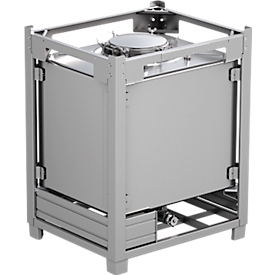 IBC-Container SCHÄFER BTA NBR, 1000 l, UN-Zulassung, Sicherheitsventil, stapelbar, auf Transportgestell, Edelstahl 1.4301 (V2A), B 1015 x T 1215 x H 1550 mm