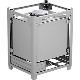 IBC container SCHÄFER BTA PTFE, 1000 l, UN keur, veiligheidsklep, stapelbaar, op transportrek, roestvrij staal 1.4404 (V4A), B 1015 x D 1215 x H 1550 mm