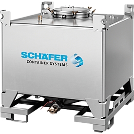 IBC container SCHÄFER Cube BTU PTFE, 1000 l, UN approval, safety valve, stackable, on pallet, stainless steel 1.4404 (V4A), W 1150 x D 1150 x H 1160 mm