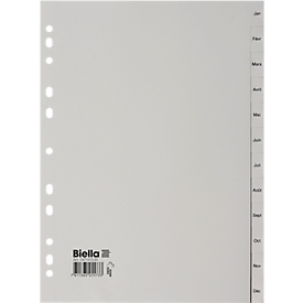 Index Biella, for DIN A4, 12 parts, calendar division Jan-Dec (fr.), blank tabs, universal punching, L 296 x W 226 mm, polypropylene, grey