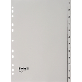 Index Biella, for DIN A4, 12-section, numerical 1-12, numbered tabs, universal punching, index print, L 296 x W 226 mm, polypropylene, grey