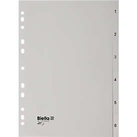 Index Biella, for DIN A4, 6-section, numerical 1-6, numbered tabs, universal punching, index print, L 297 x W 225 mm, polypropylene, grey