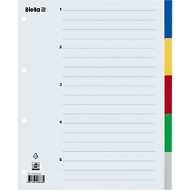 Index Biella, for DIN A4, extra wide for pockets, 5 parts, with index sheet, L 320 x W 265 mm, PP, colored