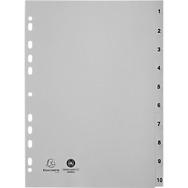Indexen Exacompta 1710E, formaat A4, universele perforatie, tabbladen 1-10, B 225 x H 297 mm, Blauwe Engel, gerecycleerde kunststof, grijs