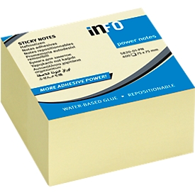 inFO Power Notes cube de notes adhésives, 75 x 75 mm, 400 feuilles, blanc, jaune
