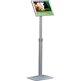 Info stand update display, DIN A4, height-adjustable, tiltable, 25 mm snap frame, aluminum, silver