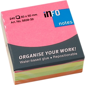INFO sticky notes Brillant, 50 mm x 50 mm, 1 x 240 sheets, yellow, orange, green, pink