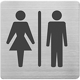 Information sign "WC ladies and gentlemen", square, incl. self-adhesive pad, L 90 x W 90 mm, brushed stainless steel, silver-black