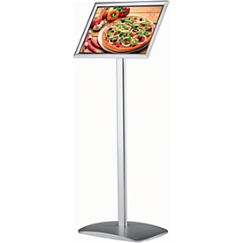 Information stand, format A4, portrait & landscape format, stable, W 420 x D 300 x H 1000/964 mm, incl. anti-reflective protective film & A4 interchangeable frame, aluminum