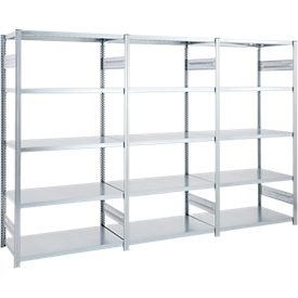 Insteekstelling ORDO Industry - stalen - 1 basisrek + 2 aanbouwrekken - modulair - B 3080 x D 435 x H 2000 mm - draagvermogen 1200 kg - 15 legborden - verzinkt