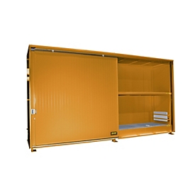 Insulated shelf container BAUER CEH 59-2 IBC, steel, sliding door, W 6440 x D 1550 x H 3510 mm, orange