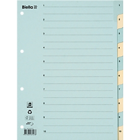 Intercalaire Biella, pour format A4, avec 10 onglets de 1 à 10, 11 perforations universelles, carton recyclé FSC®, bleu-jaune