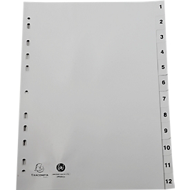 Intercalaire Exacompta 1912E, format A4, perforation universelle, onglets 1-12, L 225 x H 297 mm, Ange Bleu, plastique recyclé, gris