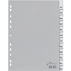 Intercalaires en PP avec onglets interchangeables DURABLE, calendrier/chiffres jan.-déc./1-12, gris