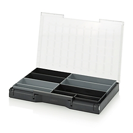 Inzetbak-set voor assortimentsdoos 600 x 400 mm, ABS-kunststof, versch. rasterafmetingen, antraciet/grijs, 9-delig