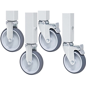 Jeu de roulettes, 2 roulettes fixes, 2 roulettes pivotantes avec frein, Ø 125 mm, charge admissible 450 kg, extenseur pour 40 x 40 x 2 mm et 45 x 45 x 2 mm, gris clair