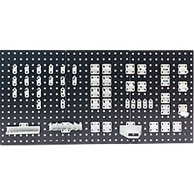 Jeu de supports d'outils ADB, 50 pièces, pour parois perforées avec trous carrés 10 x 10 mm &amp; distance entre les trous 38 mm, acier revêtu par poudre, aluminium blanc RAL 9006