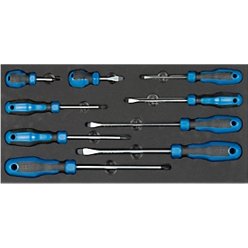 Jeu de tournevis ADB, 9 pièces, à fente et cruciforme, avec garniture en mousse, L 400 x l 190 x H 35 mm