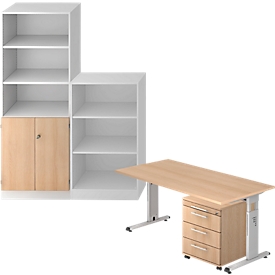 Juego completo escritorio/armario auxiliar/armario estantería/estantería ULM, blanco/roble