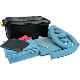 Juego de emergencia para derrames en maletín rodante con tapa extraíble, 132 piezas, de color azul con aceite, con capacidad para 150 L