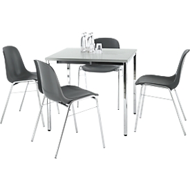 Juego económico de sillas apilables BETA, revestimiento antracita, dimensiones del asiento An. 400 x Pr. 420 x Al. 460 mm, 4 piezas + mesa de conferencia, An. 800 x Pr. 800 mm, gris claro