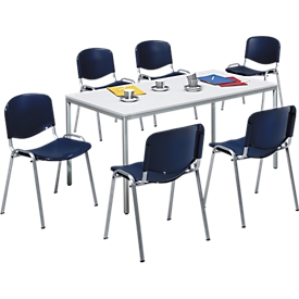 Juego económico de sillas apilables Elyeko, revestimiento azul, dimensiones del asiento A 460 x P 450 x A 440 mm, 6 piezas + mesa de reuniones, gris claro, A 1600 x P 800 mm