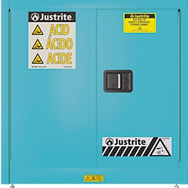 Justrite FM chemical cabinet Undercounter Sure-Grip® EX, for etching agents, up to 83 liters, manually closing doors, blue