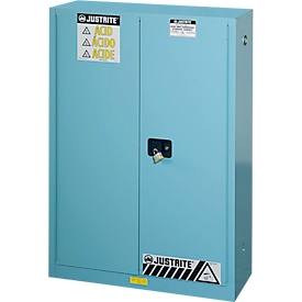Justrite FM chemicaliënkast Classic Sure-Grip® EX, voor etsmiddelen, tot 170 liter, handmatig sluitende deuren, blauw