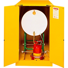 Justrite horizontal FM safety storage cabinet Drum Sure-Grip® EX, up to 200 liters, manually closing doors, yellow