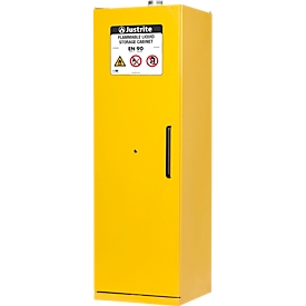 Justrite Sicherheitsschrank EN 90, Auffangwanne, 3 Fachböden, H 2070 x B 600 x T 600 mm, gelb