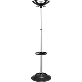 Kapstok Helix, 10 haken, parapluhouder & lekbak, H 1640 x ø 400 mm, metaal, chroom zilver-zwart.