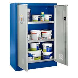 Kast voor gevaarlijke stoffen - staal - 3 opvangbakken voor 20 l - B 950 x D 500 x H 1585 mm - ventilatiesleuven - ons merk Schäfer Shop Select