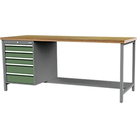 Kastenwerkbank Bedrunka+Hirth, Buche-Multiplex-Arbeitsplatte, 5 Schübe & halber Fachboden, abschliessbar, bis 1000 kg, B 2000 x T 750 x H 859 mm