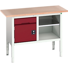 Kastenwerkbank Bott verso, mit Multiplex-Platte, 1 Schublade & 1 Ablageboden & 1 Tür, B 1250 x T 600 x H 830 - 930 mm, Lichtgrau / Purpurrot
