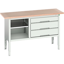 Kastenwerkbank Bott verso, Multiplex-Platte, 3 Schubladen & 1 Ablageboden, B 1500 x T 600 x H 830 - 930 mm, RAL 7035 Lichtgrau